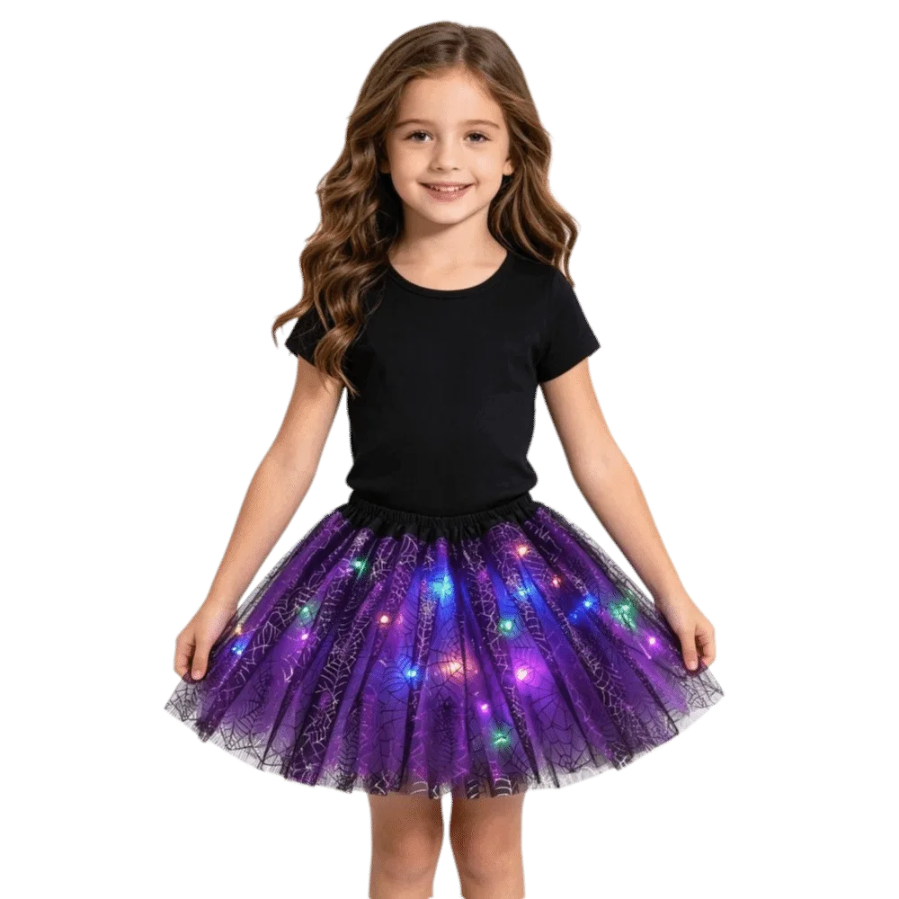 Mesh Kids Tutu Skirt Pom Pom Puffy Girls Mesh Puffy Skirt with Lamp Beads Short Length Kids Pom Pom Skirt Girls Costume