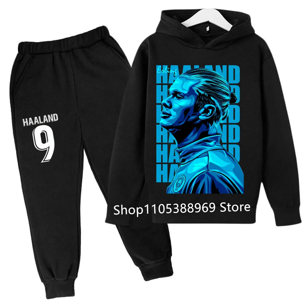 Boys Haaland Cartoon Football Tracksuit 2 Piece Hoodie and Jogger Pants Set Kids Graphic Print Sport Outfit