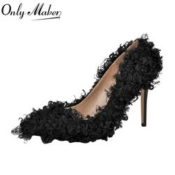 Onlymaker Women Black Pointed Toe Plush Pumps Slip on 10CM High Heels Faux Fur Stiletto Pumps