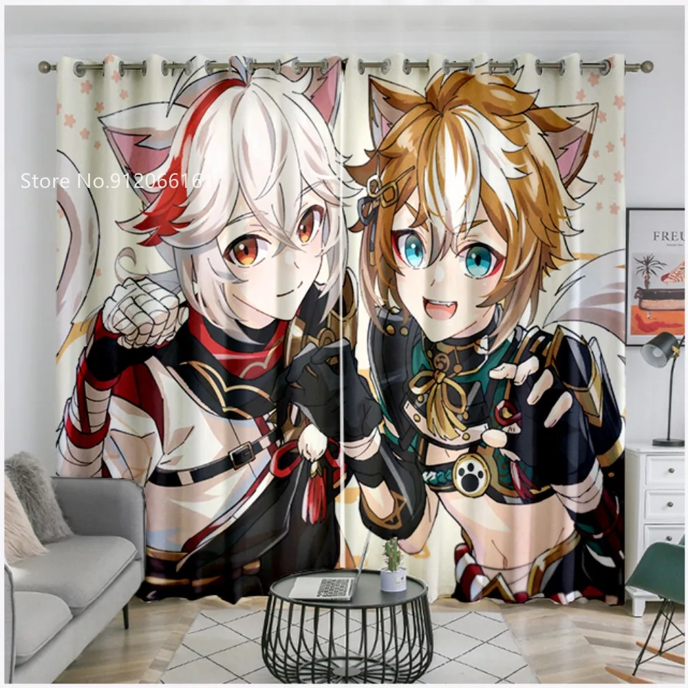 Anime Genshin Impact Window Curtain Polyester Fabric 3D Print Blackout Curtains Window Drapes For Living Room Window Treatment