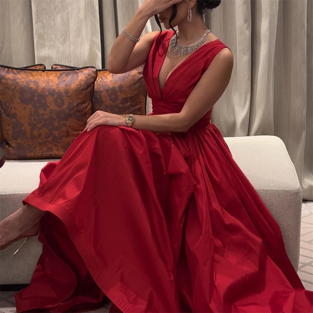 

Fashion V-Neck Red Satin A-Line Prom Dress for Women Floor-length Evening Party Gown Formal Occasion Dresses فساتين السهرة