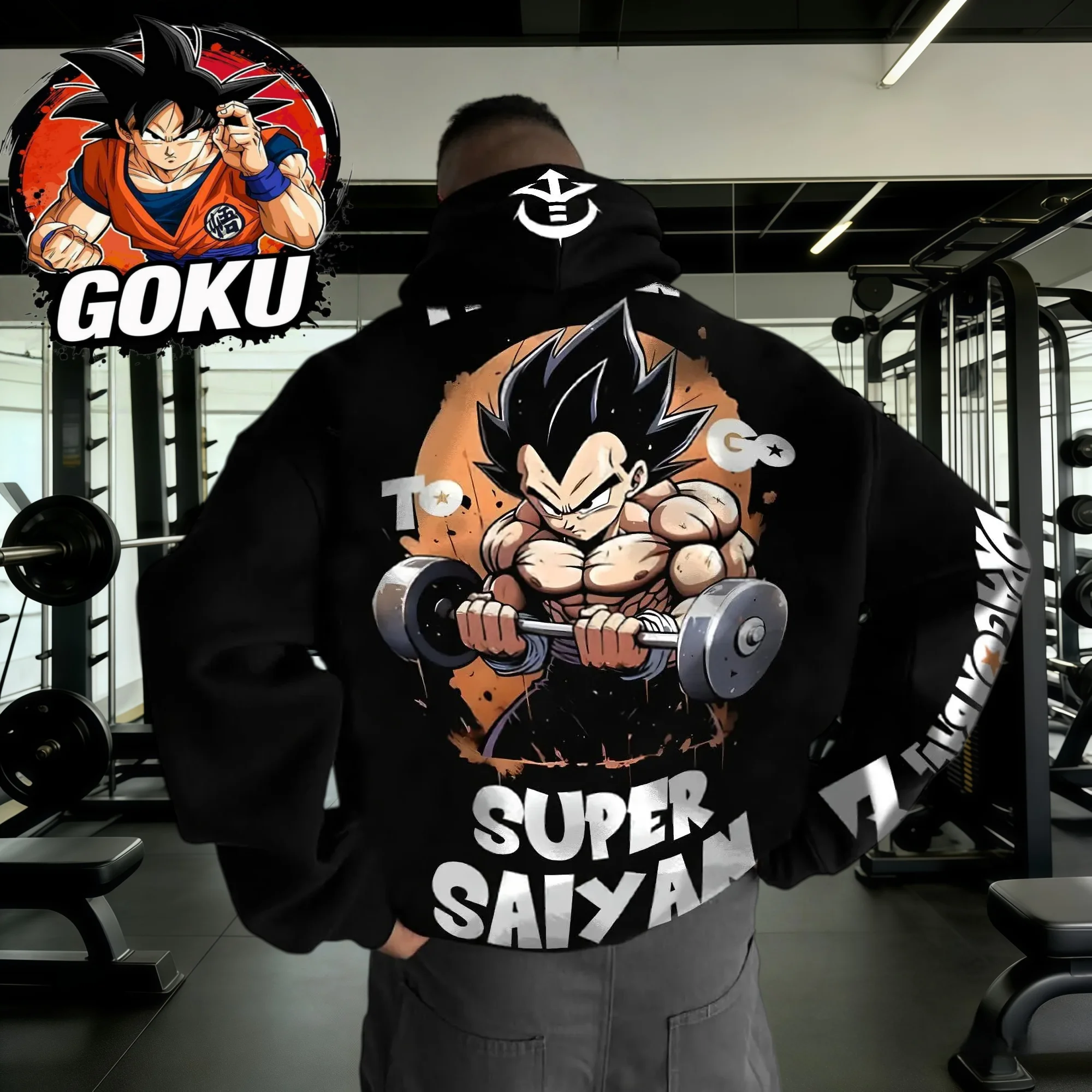 2026 Herbst Winter Dragon Ball Retro Übergroßer Hoodie 100% Baumwolle Vegeta Hantel-Print Fitness Gym Streetwear Unisex Sweatshirt
