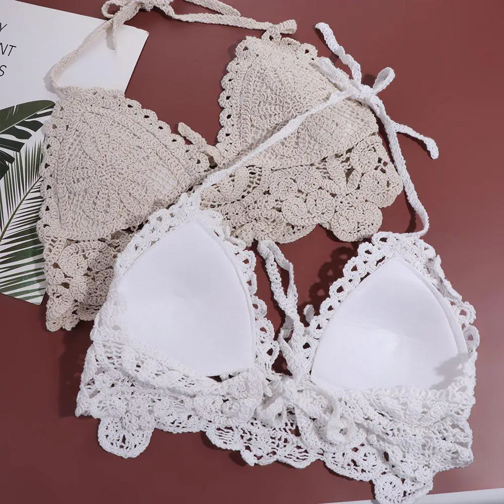 

Retro Hollow Bohemian Style Vest Hanging Neck Sleeveless Knitting Crop Tops Solid Color Short Embroidered Flower Camisole Beach