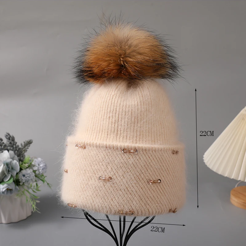 CNTANG New Hat For Women Winter Knitted Angora Rabbit Fur Beanie Fashion With Rhinestone Warm Hats Female Luxury Brand Cap y2k