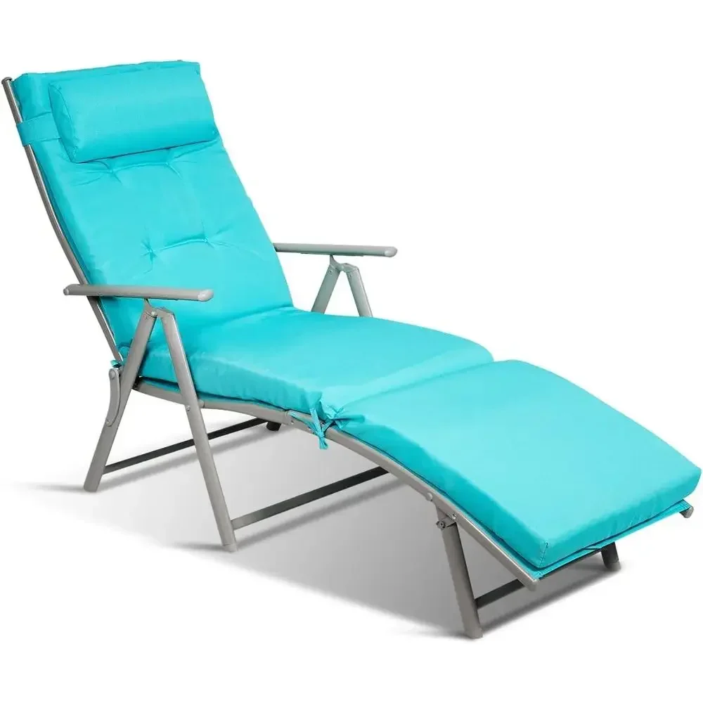 Lightweight Outdoor Reclining Chaise Lounge Chair with 7 Positions, Removable Cushion & Pillow, Ideal for Patio, Beach, Poolside