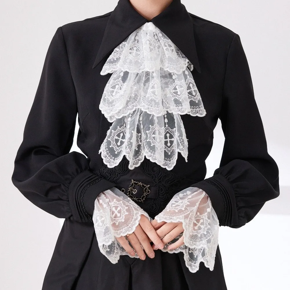 Cuello Jabot de Encaje Estilo Victoriano Blanco con Puños Desmontables para Cosplay, Accesorio de Manga con Volantes, Cuello Falso