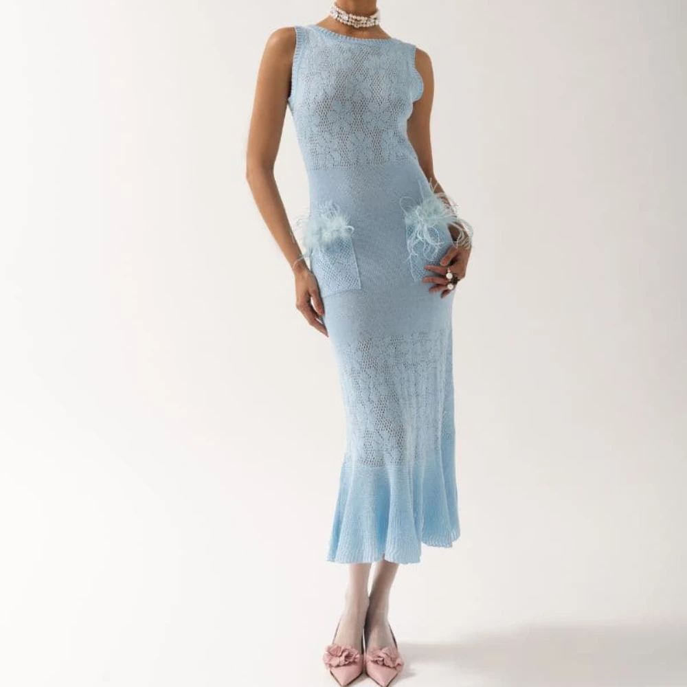 

Fashion Feather Ruffle Mermaid Ankle Length Prom Gowns Customized Scoop Neck Sleeveless Evening Dresses Back Zipper Party Dress
