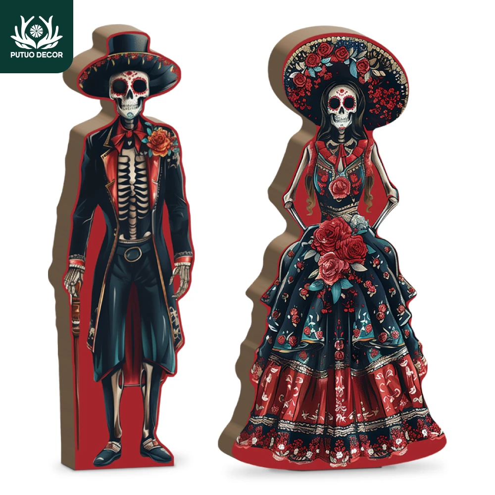 

Putuo Decor 2pc Mexican Skeleton Dancer Element Wooden Table Decor for Home Cafe Restaurant Shop, Dia De Los Muertos Gift