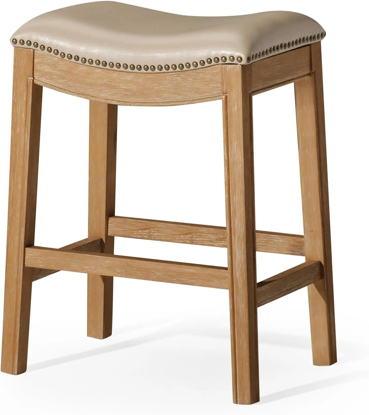 

Adrien Backless Counter Stool – 26 Inches – Saddle Stool with Footrest – Natural Wood Frame & Beige Faux Leather Upholster