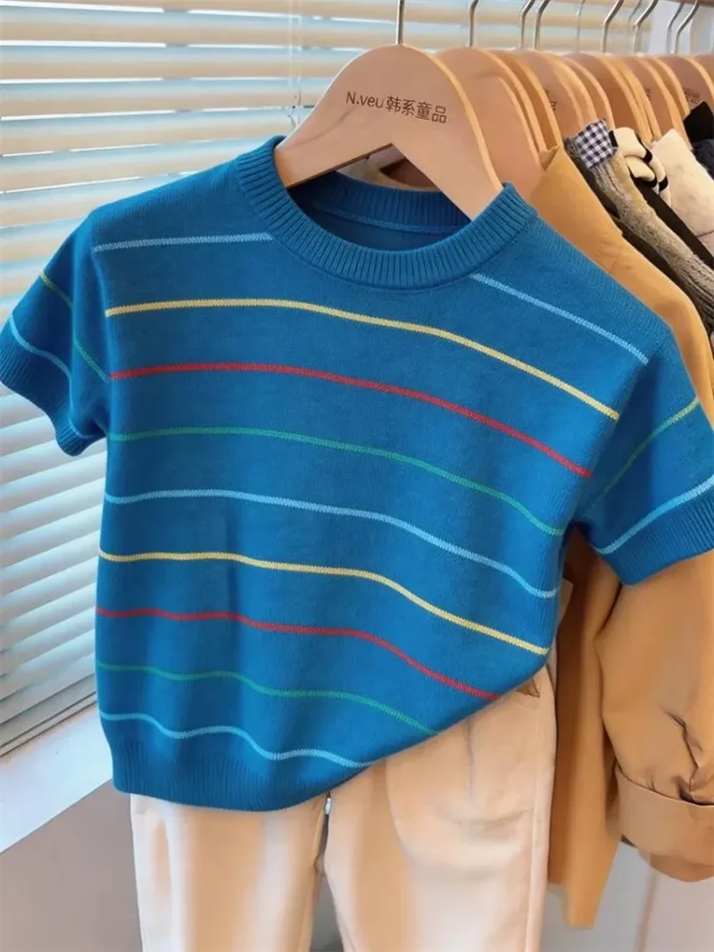 

Children's Rainbow Stripe Short Sleeve Knitted T-shirt Base New Summer Dress for Boys and Girls Thin Soft Top