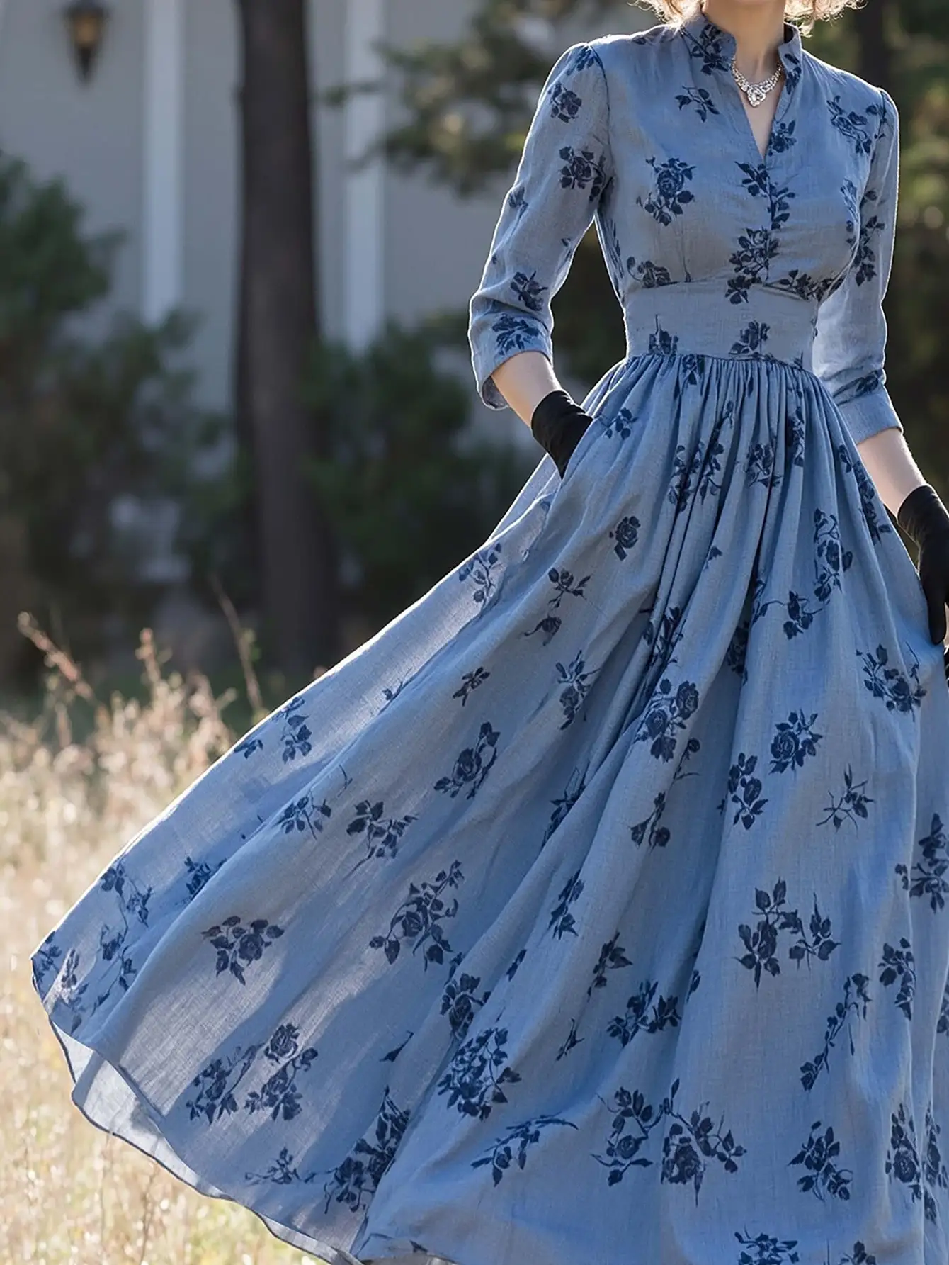 

Light Blue Floral V-Neck 3/4 Sleeve A-Line Maxi Dress with Waist Tie