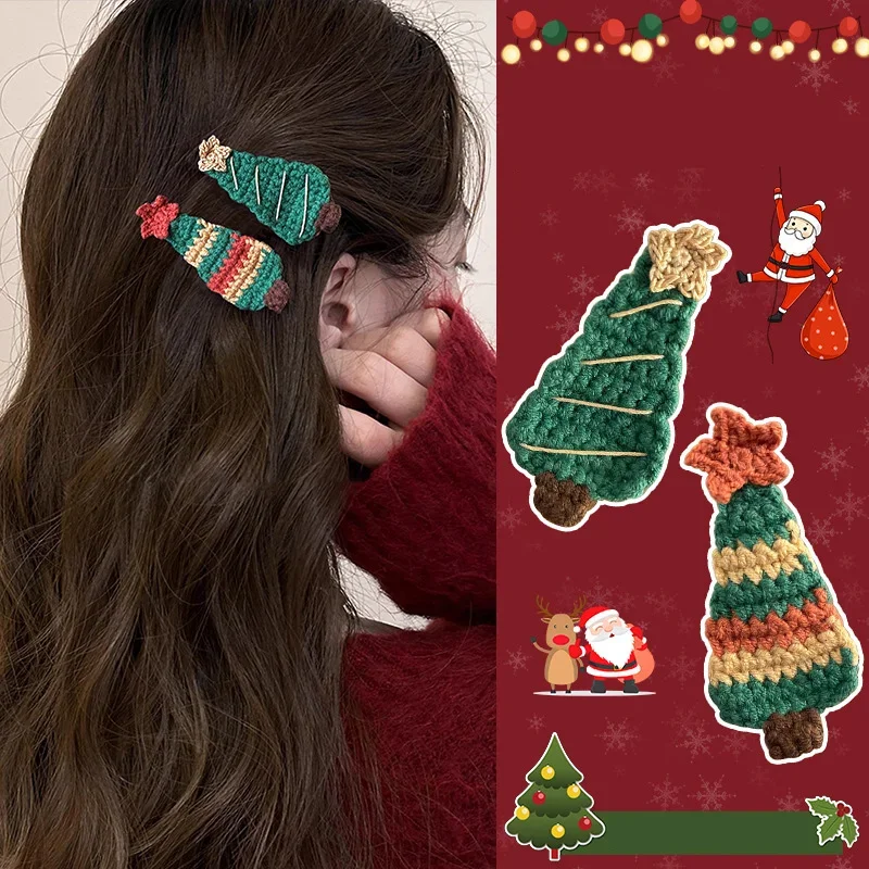 Pinzas para el cabello hechas a mano de Navidad, horquillas de lana para invierno, pinzas BB para árbol de Navidad, pasadores dulces para mujeres y niñas, tocado bonito para niños