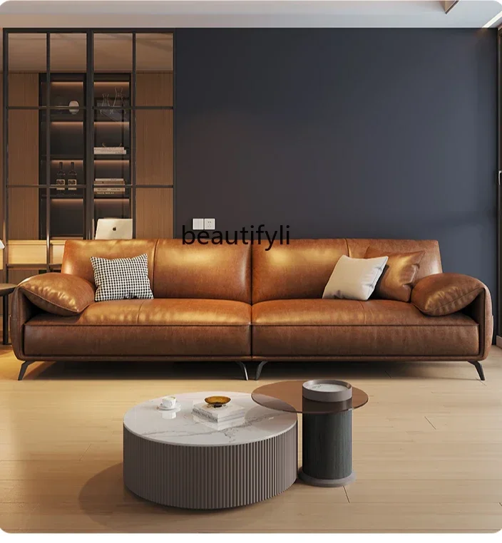 

FF cqyItalian light luxury leather sofa living room simple first layer cowhide straight row oil wax leather sofa