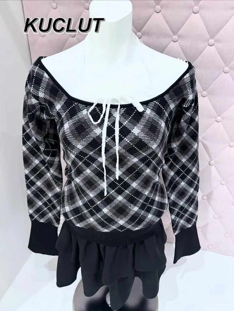 

Новый вязаный свитер-пуловер в клетку в японском стиле с кружевным вырезом-халтер и лоскутным дизайном, эластичный, облегающий, для женщин, весна 2026