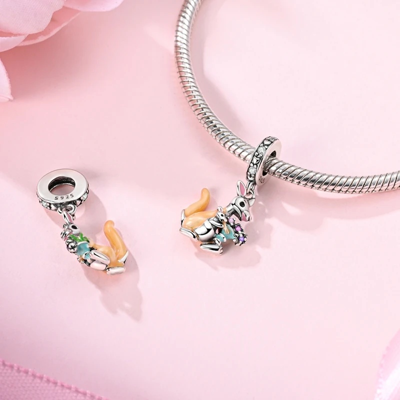 

925 Sterling Silver Parent child kangaroo Charms Pendant Zircon Dangle Fit Original Bracelet DIY Women Birthday Jewelry Gifts