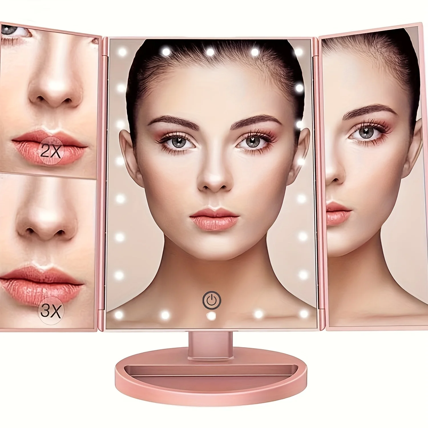 Elegant Tri-Fold Vanity Mirror - 21 LED Lights,  Control, 3x/2x Magnification, USB Powered, 180° Rotation