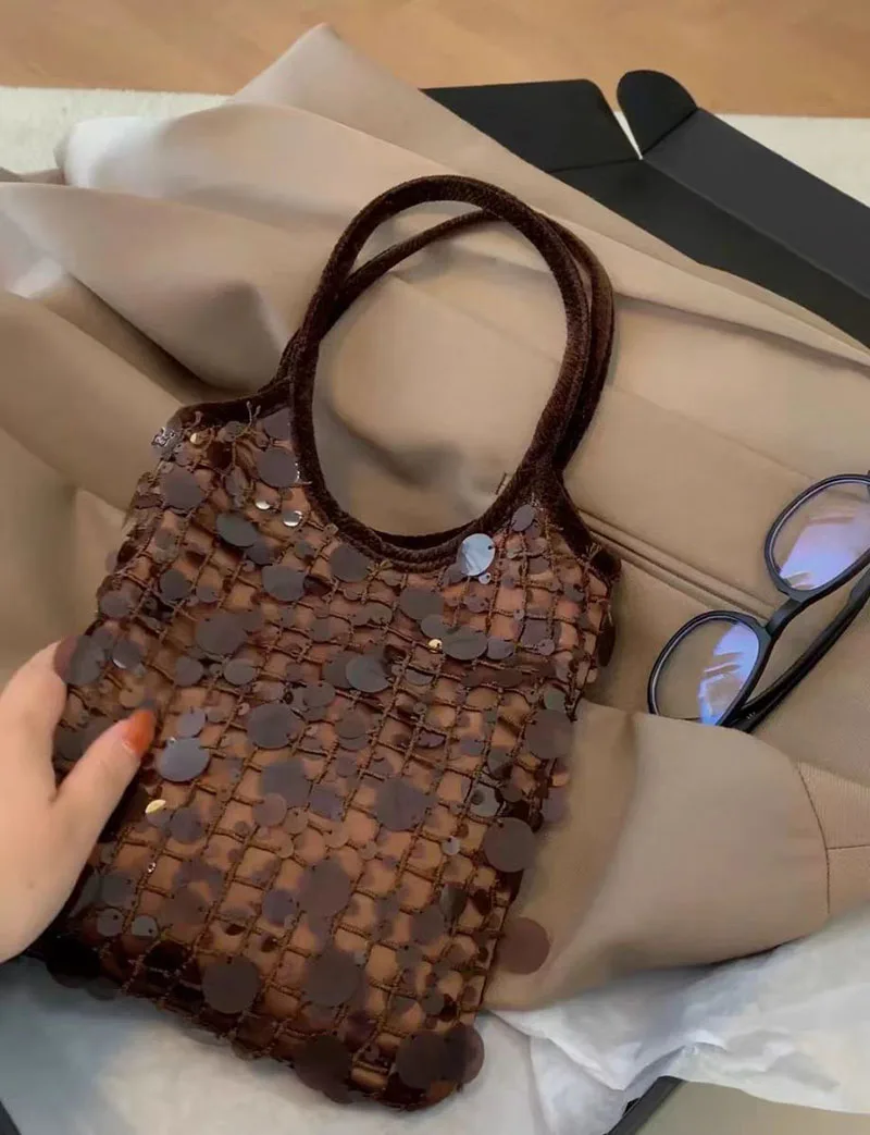 Shiny Sequins Underarm Shoulder Bag For Women  Bling Small Bucket Messenger Bag Fashion Designer Shopping Handbags