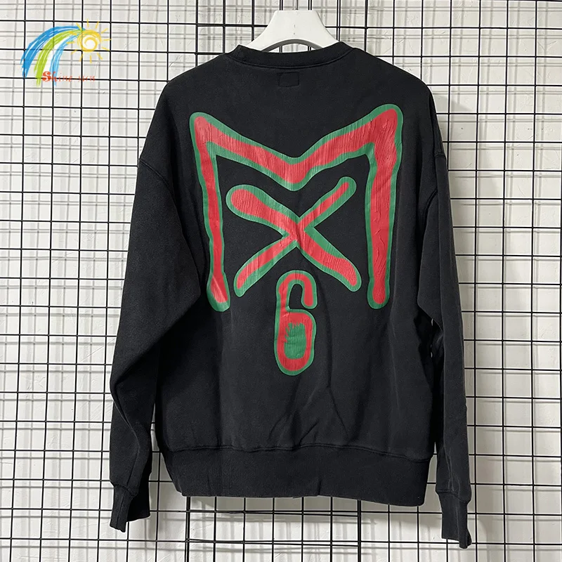 24FW High Quality Cotton Classic Cracked Logo Print Saint Pullovers Men Women Vintage Washed Black Sweatshirts Oversized