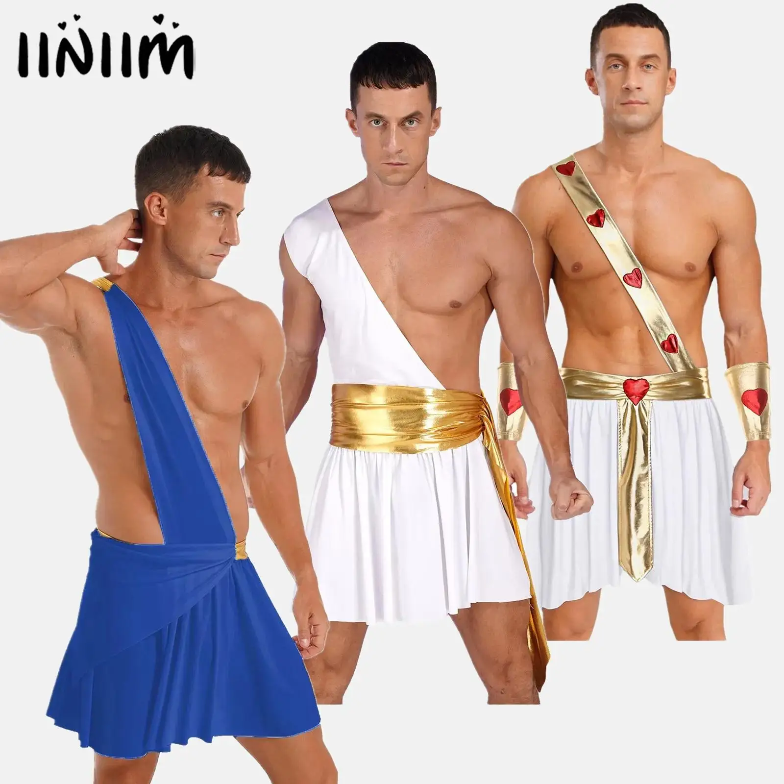 Hommes Halloween dieu de l'amour ancien chevalier grec guerrier cupidon Costume gladiateur Cosplay Toga jupe avec ceinture et poignets métalliques
