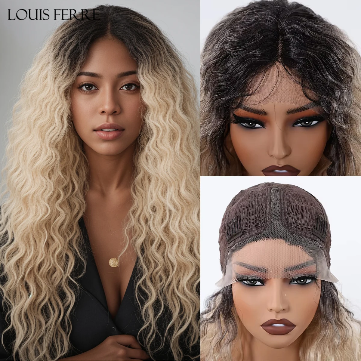 

LOUIS FERRE Long Curly Lace Front Synthetic Wigs for Black Women Black to Blonde Ombre Wigs Deep Wave Natural Hair for Daily Use