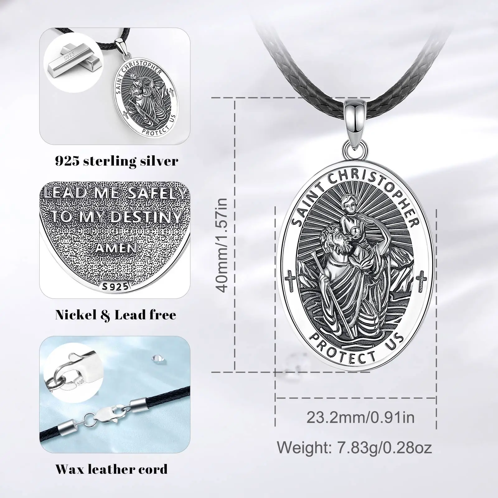 Eudora 925 Sterling Silver Saint Christopher Necklace Cross Catholic Vintage Pendant Amulet Men Women Personality Jewelry