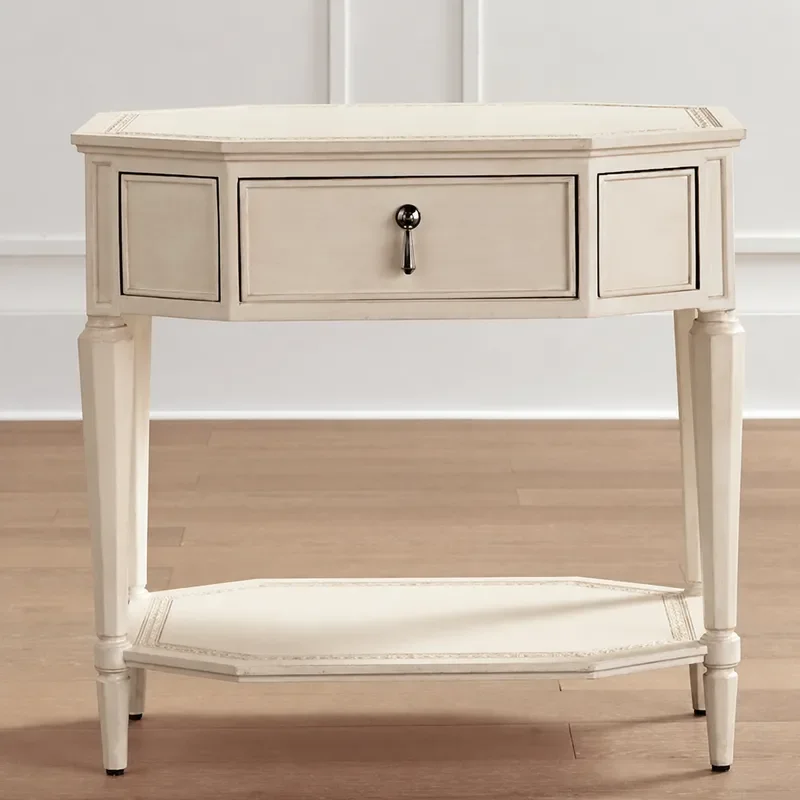 Retro Solid Wood Bedside Table Bedroom Nightstand Storage Cabinet Small Side Table with Double Edge Design