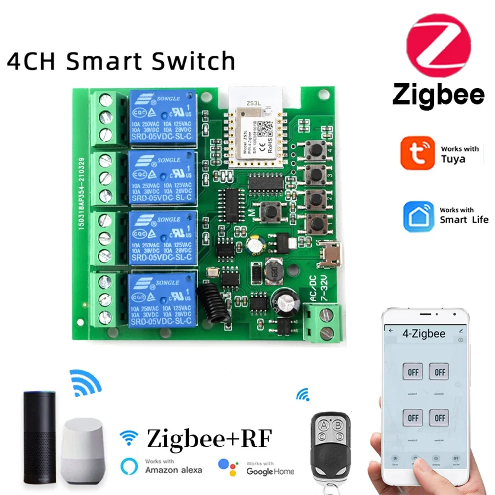 4 Channel ZigBee Tuya Smart WiFi Relay Switch Module AC/DC 7-32V USB 5V RF/APP Remote Control Smart Home work with Alexa