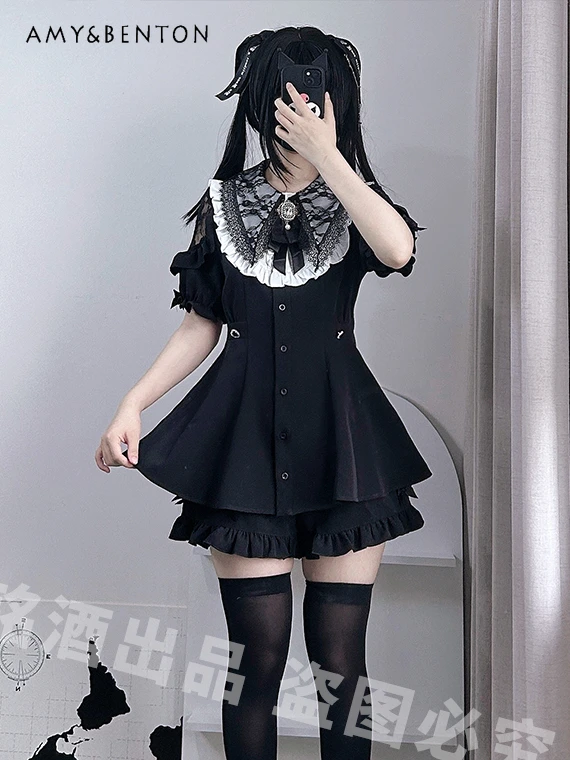 Japanese Mine Mass-Produced Subculture Dress Sets Summer Sweet Lace Off-Shoulder Short Sleeve Slim Dress Shorts Two-Piece Set