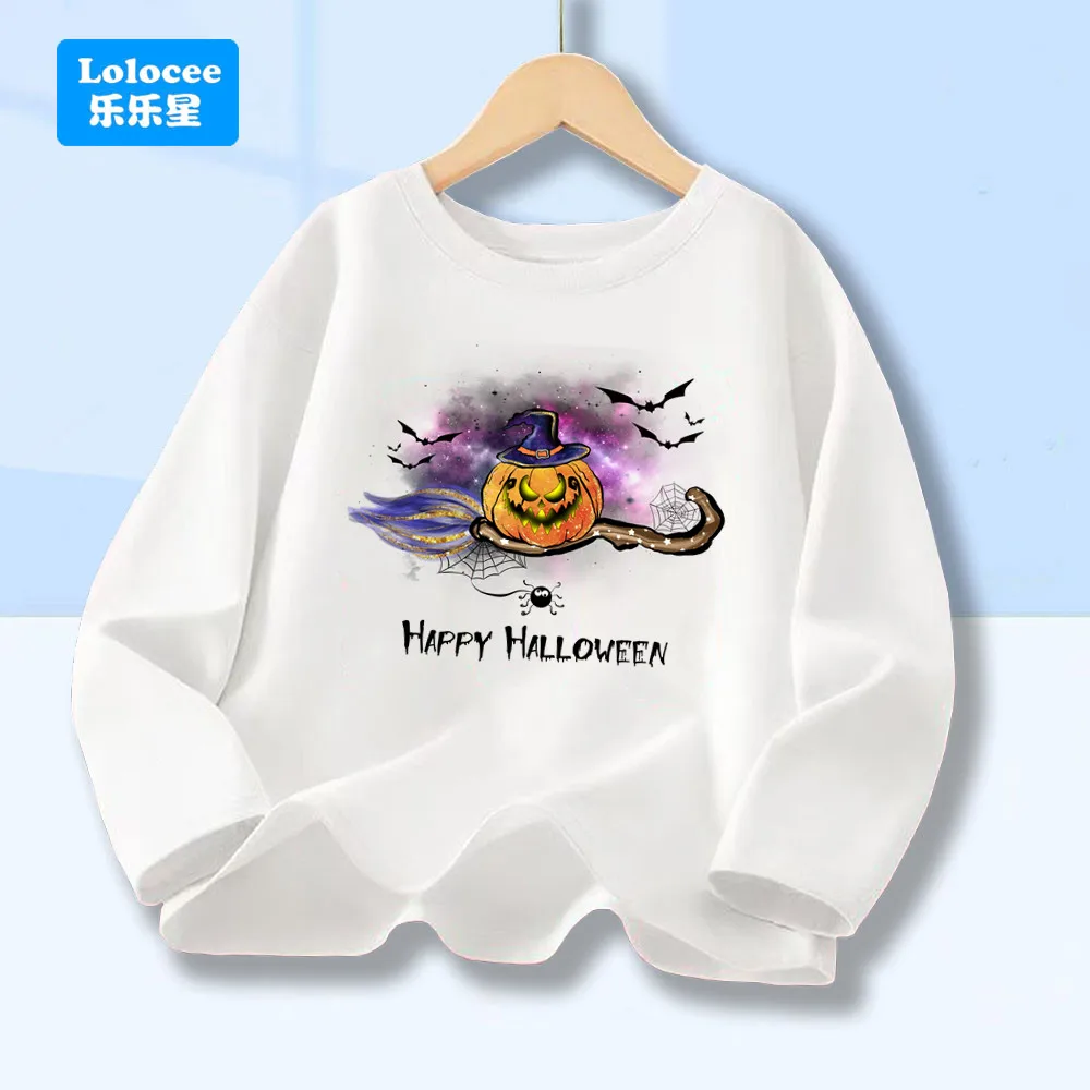 Kids Vintage Halloween T-Shirt Spooky Witch Tee Flying Broom Pumpkin Fall Tops Tee Cute Long Sleeve Trick or Treat TShirt WSJSB1