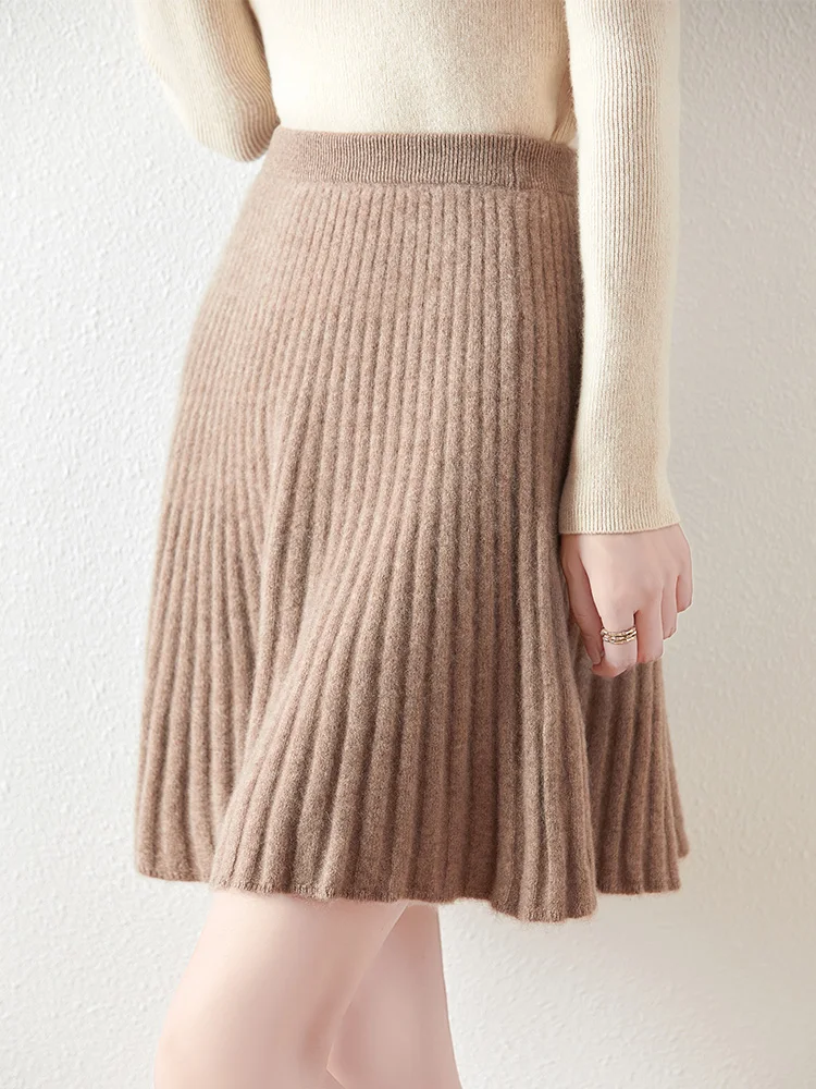 Women's Wave Short Skirt 100% Merino Wool Mini Skirts Autumn Winter Sweater Umbrella Skirt High Waist Stretch Sweet Knit Dresses