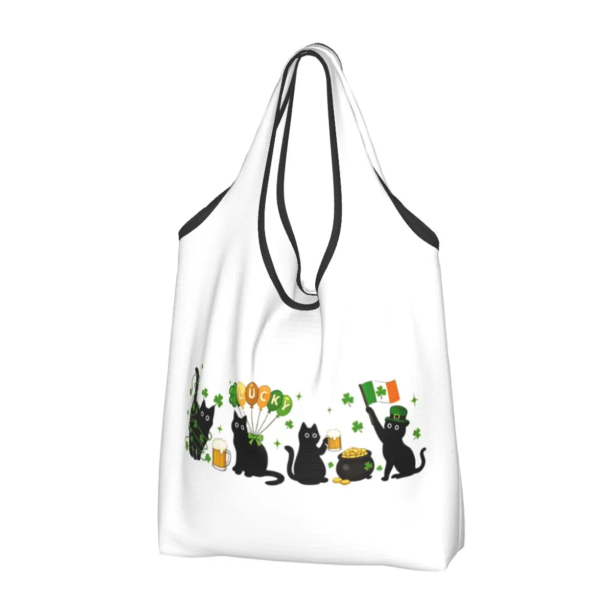 Reusable St Patrick's Day Cats Funny Lucky Day Shopping Bag for Groceries Foldable Grocery Bags Washable Large Tote Bags