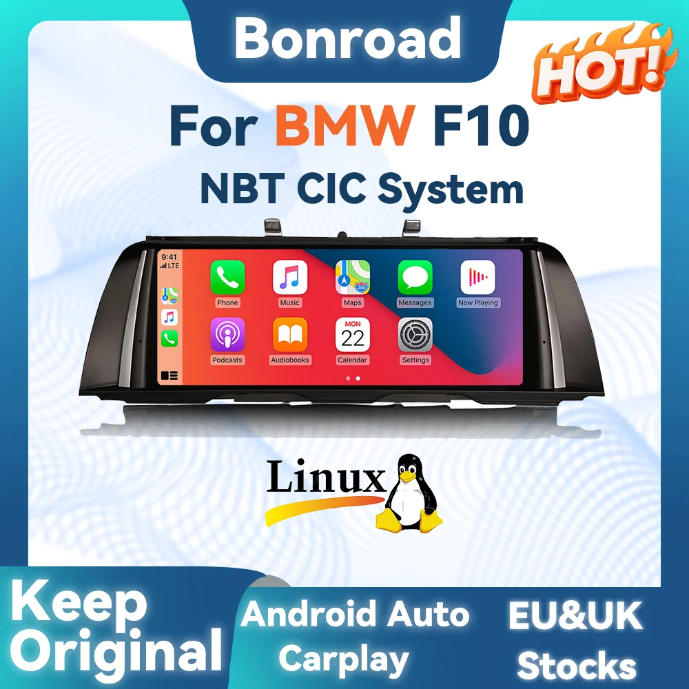 BONROAD 10,25'' Kabelloses Carplay Android Auto Audio Autoradio Linux-System für BMW 5er Serie F10 F11 NBT CIC System GPS-Navigation Multimedia-Touchscreen Mirrorlink Airplay Autolink