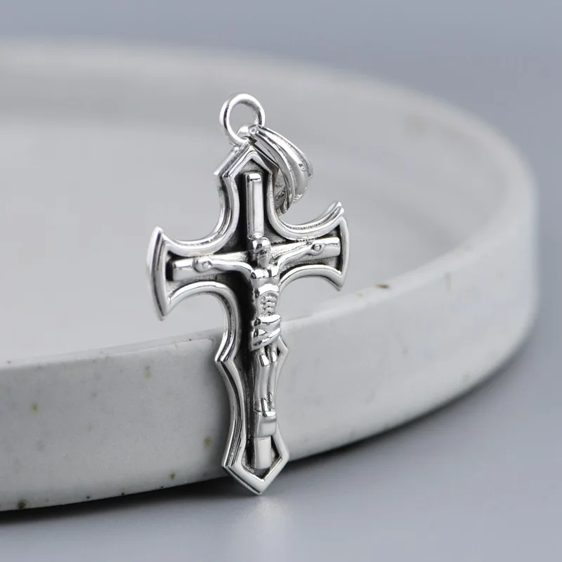 S925 Sterling Silver Charms Pendants for Men Women Retro Emboss Jesus Crucifixion Cross Amulti New Fashion Jewelry Wholesale