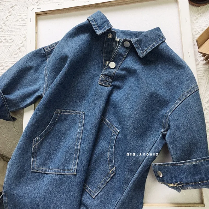 Autumn Children Girls Dress RAISE Infant Baby Girls Turn Down Collar Denim Dress Retro Casual 2-8Yrs Kids Girl Long Sleeve Dress