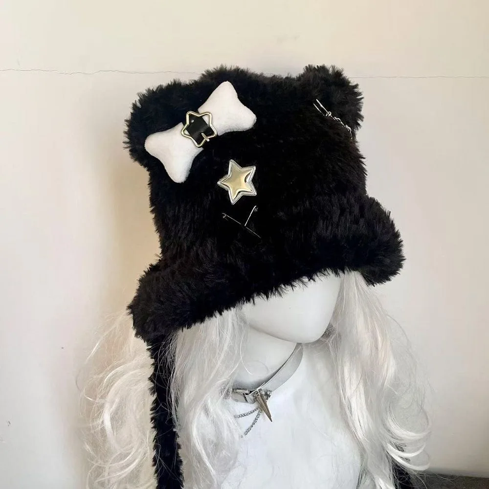 Fluffy Faux Fur Bucket Hats Y2k Bear Ear Gothic Harajuku Punk Cross Chain Subculture Knitted Warm Chic Hat