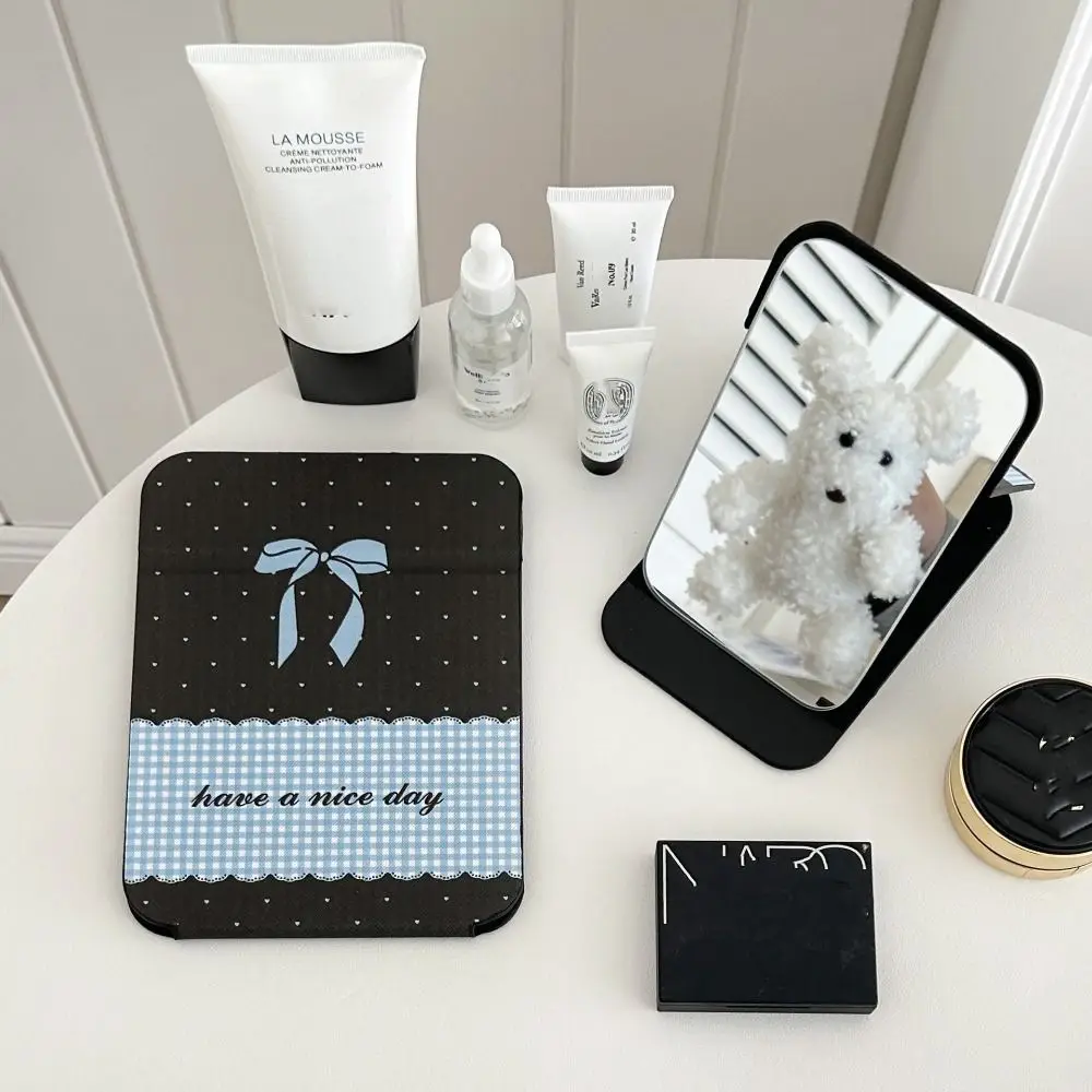 Pu 가죽 데스크탑 스탠드 거울 핑크 리본 소형 화장 거울 화장대 거울 휴대가 간편한 접이식 포켓 메이크업 거울