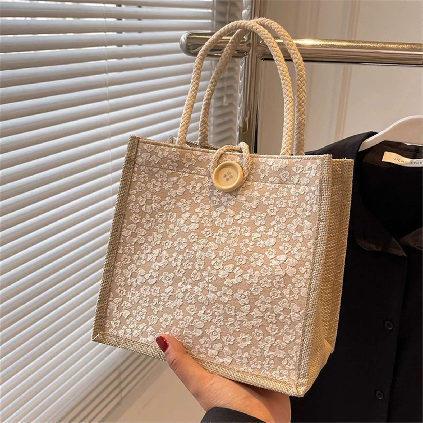 Flower Pattern Linen Handbag for Women Fashion Designer Bag Convenient Large-Capacity Shopper Tote Travel Grocery Storage Bag