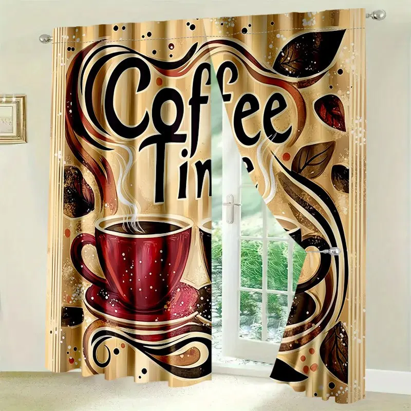 Coffee Time Curtain, Vintage Coffee Cup & Bean Print Drape, Cafe Style Window Treatment for Kitchen Dining Room Home Decor