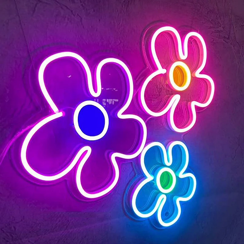 Popping Flowers Neon Sign Custom three colorful flowers Lights For Home Room Club Bar Parties Christmas Wall Decor Led Neon Sign