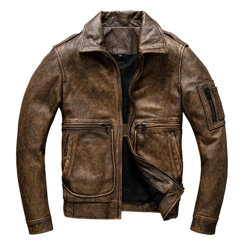 

First Layer Pure Cattlehide Genuine Leather Clothes Men's Short Distressed Motorcycle Clothing Leather Jacket Leather Coat Men