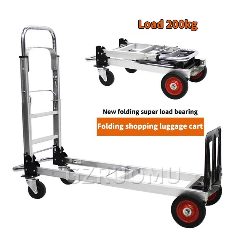 Four-Wheel Travel Trolley Household Folding Shopping Hand Cart Aluminum Heavy Duty Luggage Pull Rod Flatbed Cargo Handling Tool