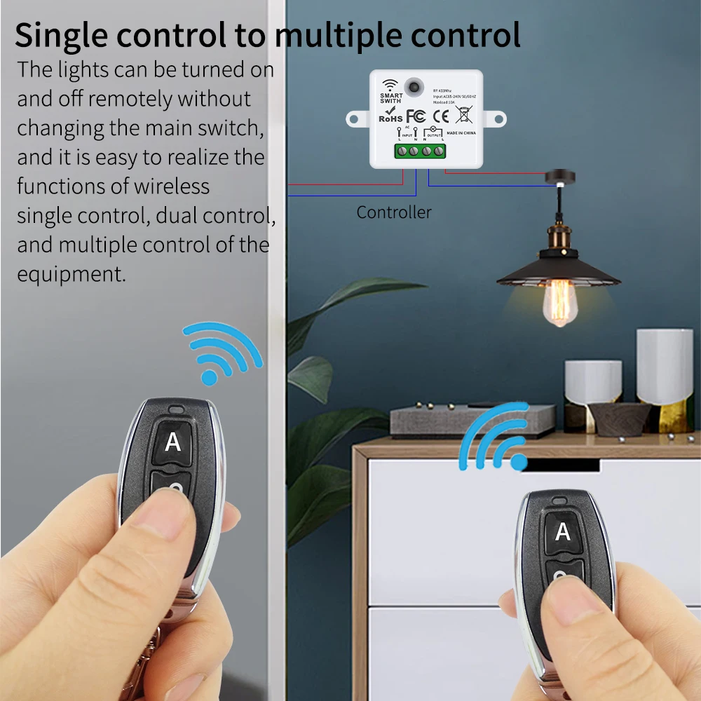 433MHz Wireless Remote Control Switch – 110V-220V 10A Mini Relay Controller with A/B Button Transmitter for Wall Light - view 2