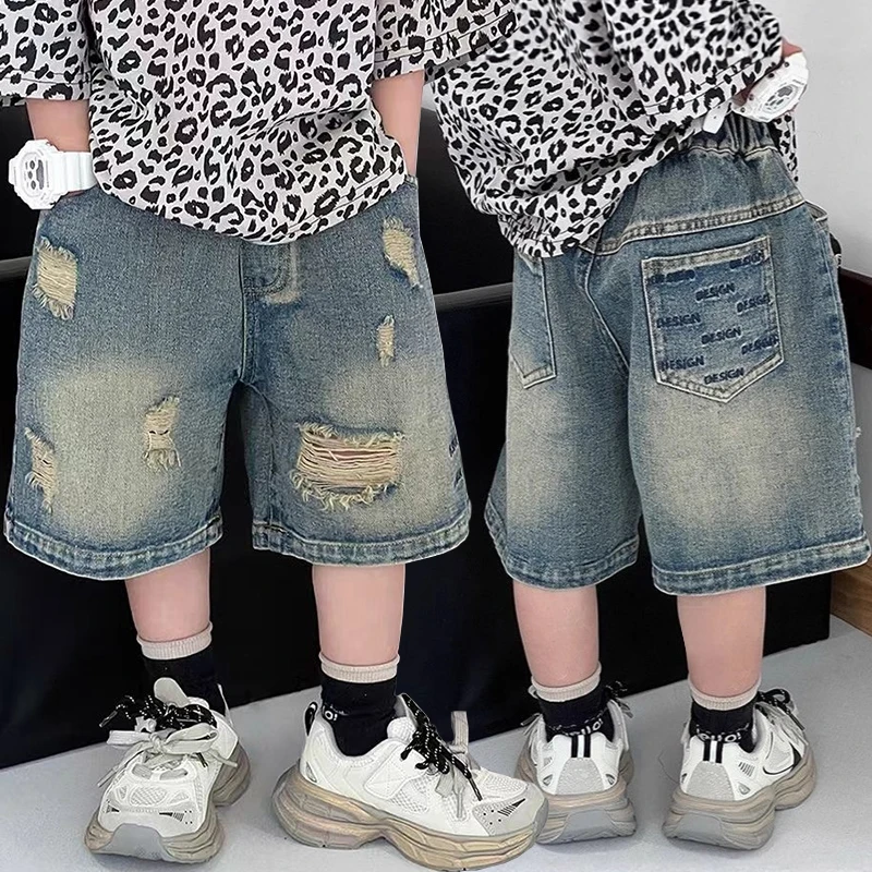 2026 Summer New Boys Denim Shorts Solid Color Fashion Hole Knee Length Jeans Pants For 2-10 Years Teen Kids Casual Clothing