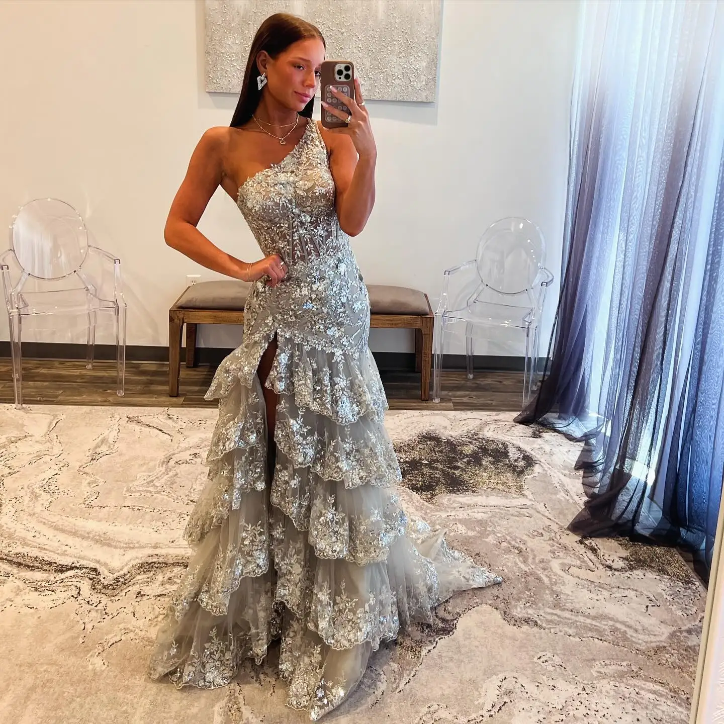 

Sharon Said Sparkly Sliver Corset Sheer Tiered Ruffles Prom Dress Lliac One Shoulder 2025 Evening Party Gown SH152 Customized