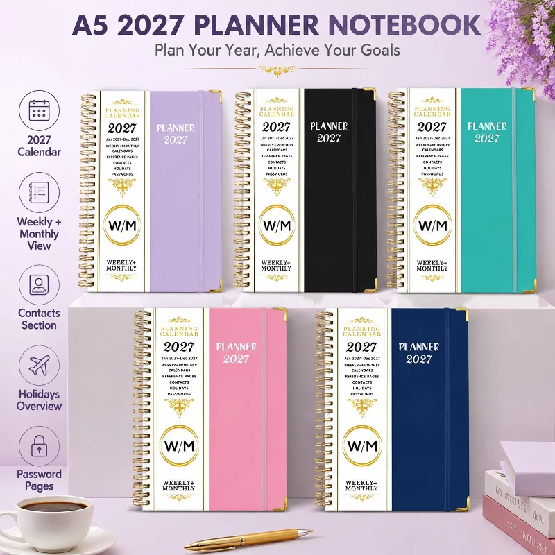1pc 2027 Planner Weekly & Monthly Notebook Spiral Binding Agenda Organizer With Monthly Tabs Office School Daily Plan Journal