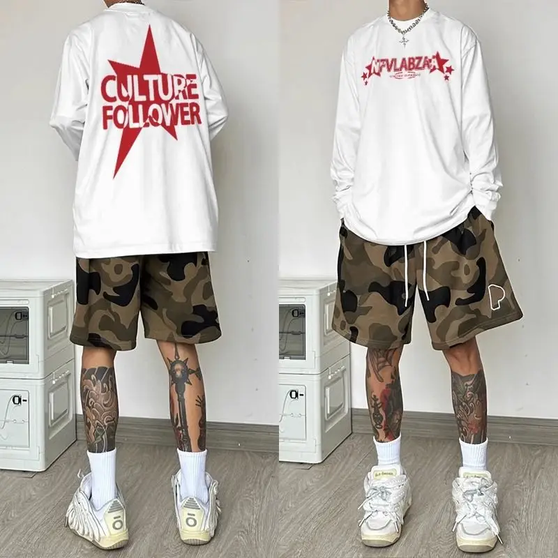 Men's 100% Cotton Heavyweight Long Sleeve T Shirt Letter Print Loose Crew Neck Casual Spring Fall Versatile Base Layer Tops