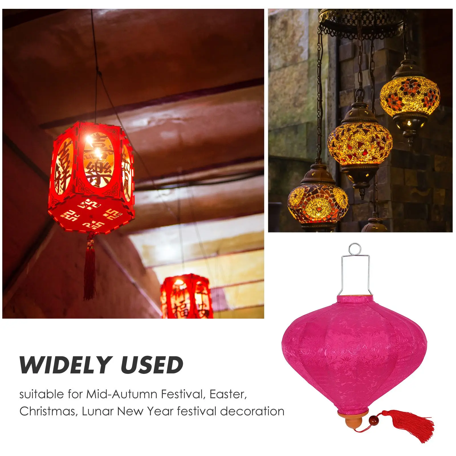 Retro Lanterns Vietnamese Hanging Large Decorative Metal Red Shape Handmade Traditional Cloth Floral Patterns