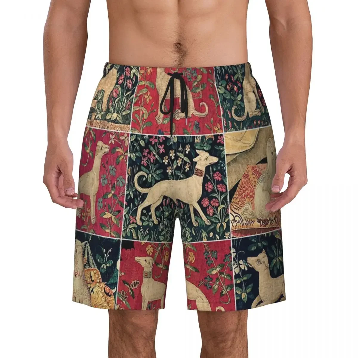 Medieval Greyhound Boardshorts Mens Quick Dry Board Shorts Whippet Sighthound Dog Swim Trunks Custom Print Bathing Suits