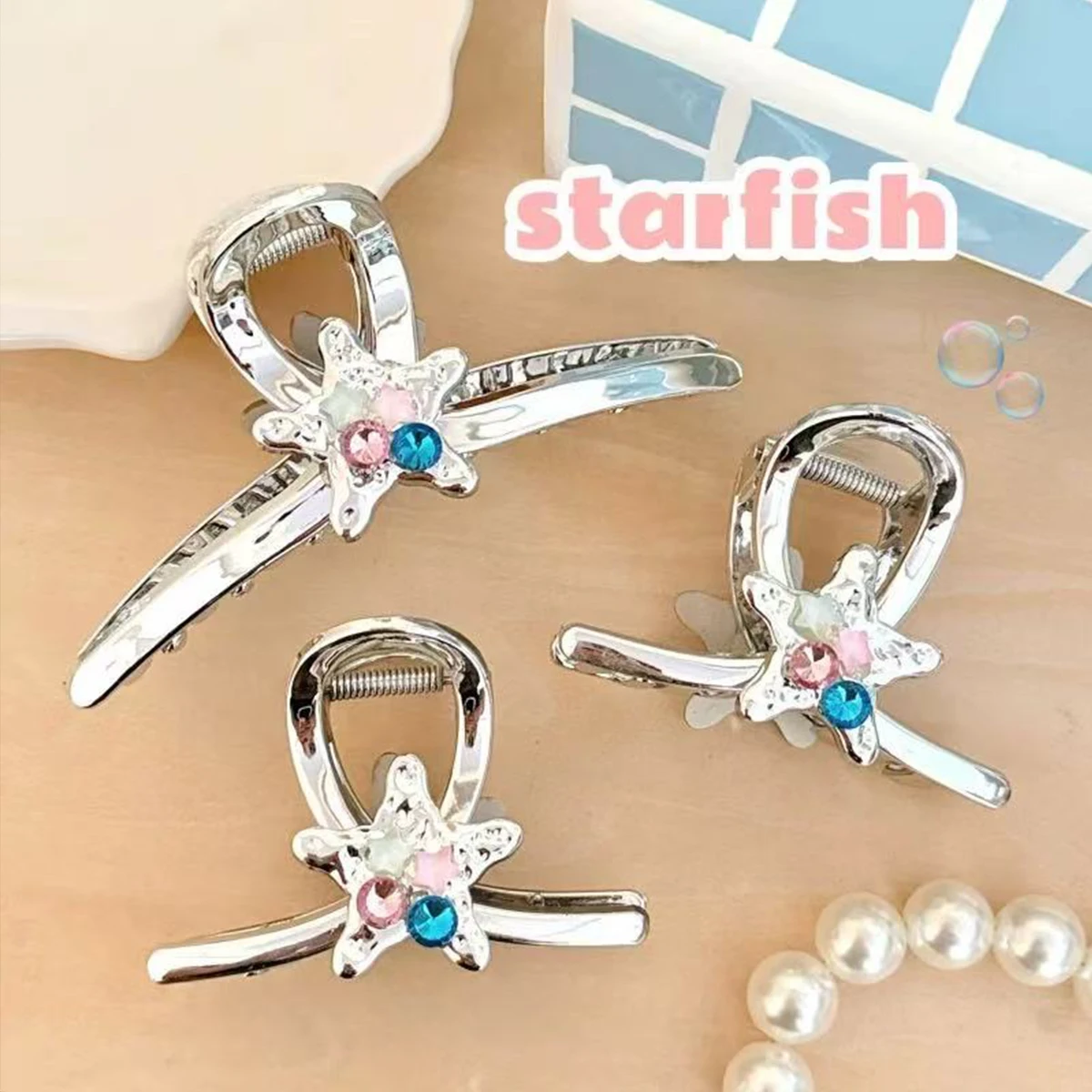 

1pc metallic starfish rhinestone grab clip, girl's versatile shark clip, back of head hairpin high-end hair accessories