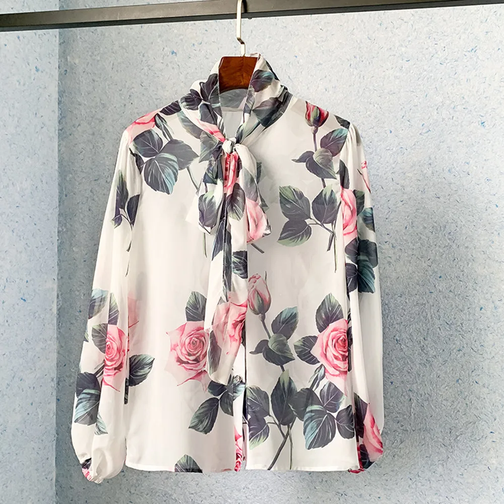 

2022 Spring New Designer Women's High Quality Flroal Print Bowtie Chiffon Shirts C106